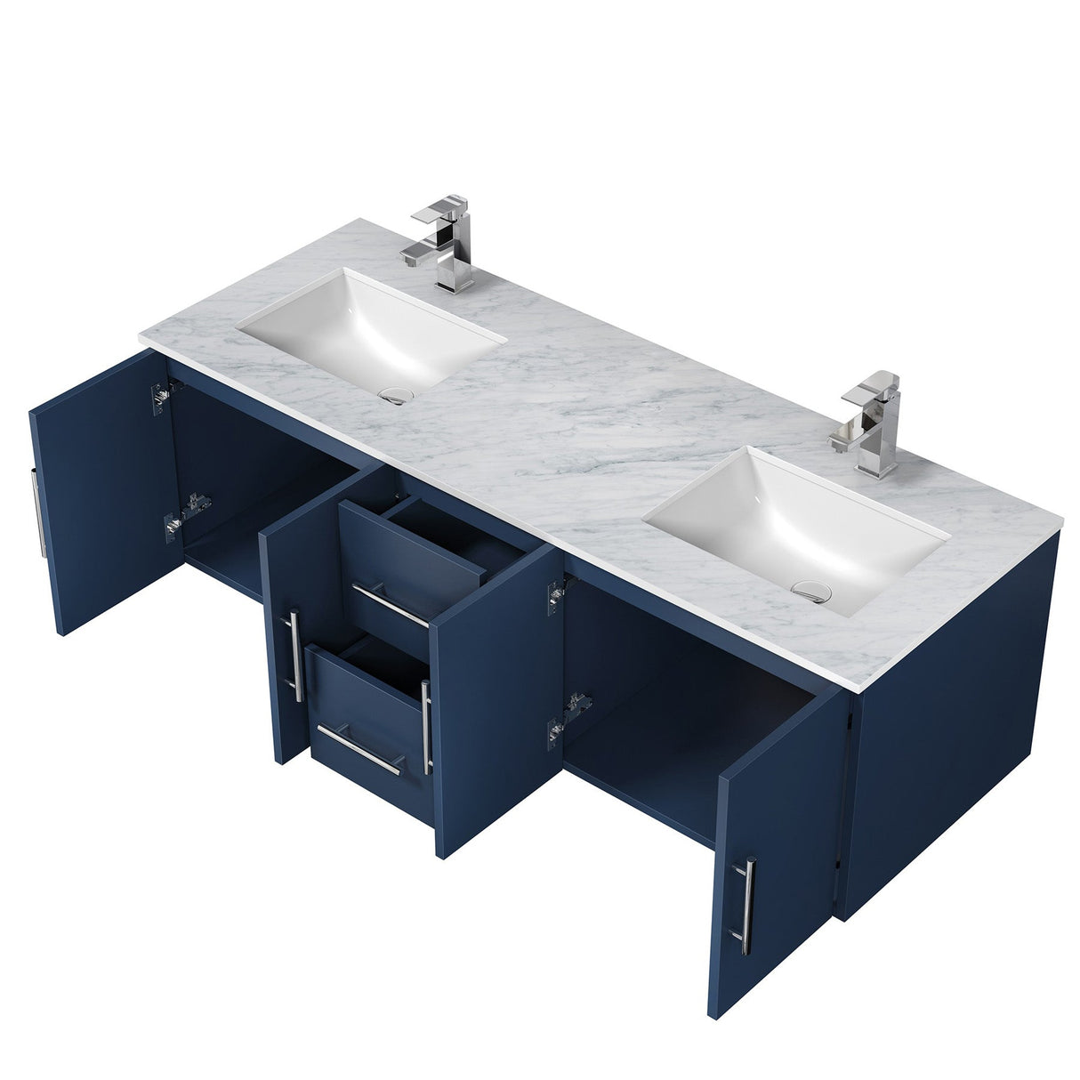 Geneva Navy Blue Floating Bathroom Vanity With White Carrara Marble Top, White Square Sink