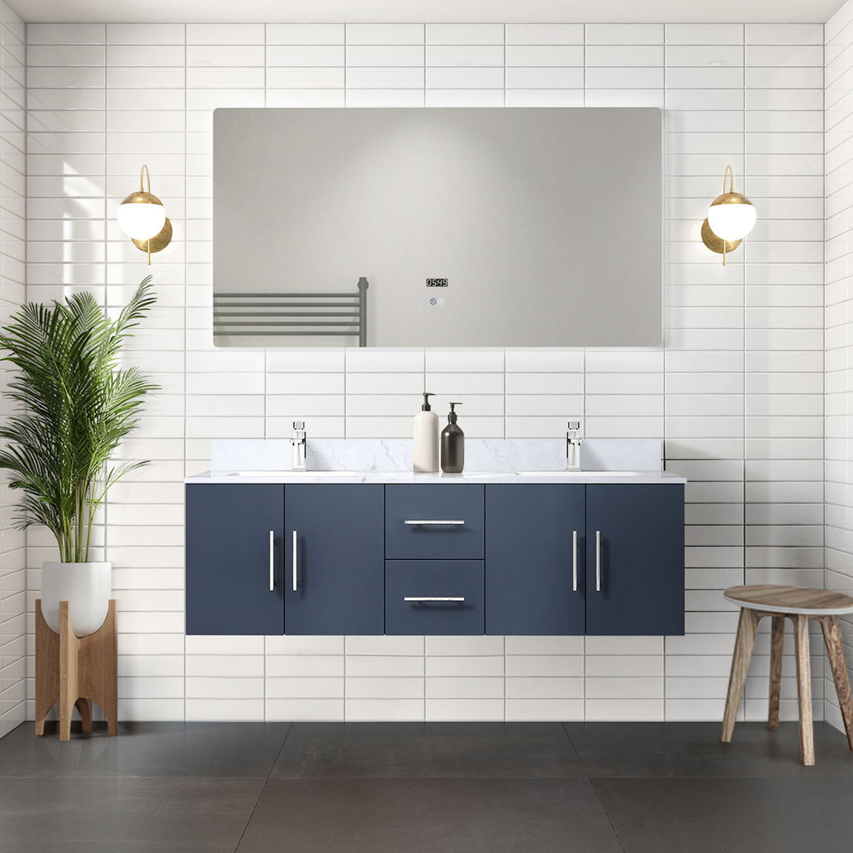 Geneva 60 in. Bathroom Floating Bathroom Vanity With Undermount Ceramic Sink With White Carrara Marble Top