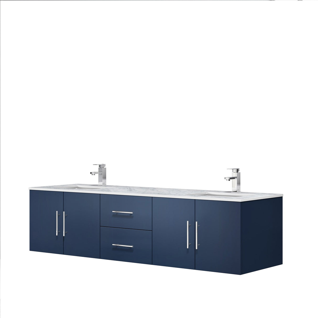 Geneva Navy Blue Floating Bathroom Vanity With White Carrara Marble Top, White Square Sink