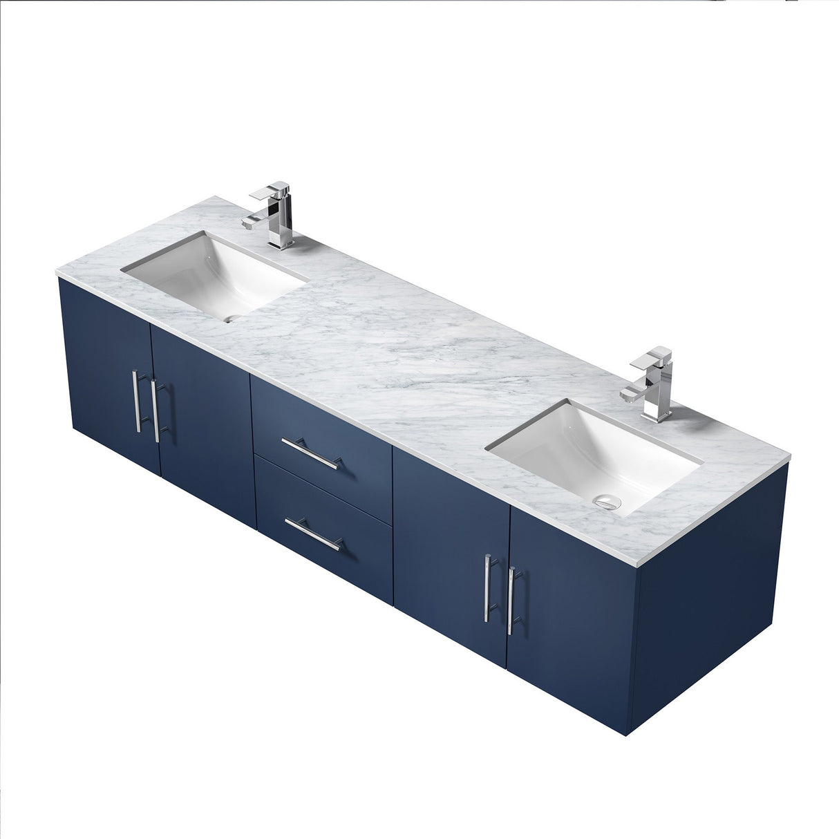 Geneva Navy Blue Floating Bathroom Vanity With White Carrara Marble Top, White Square Sink