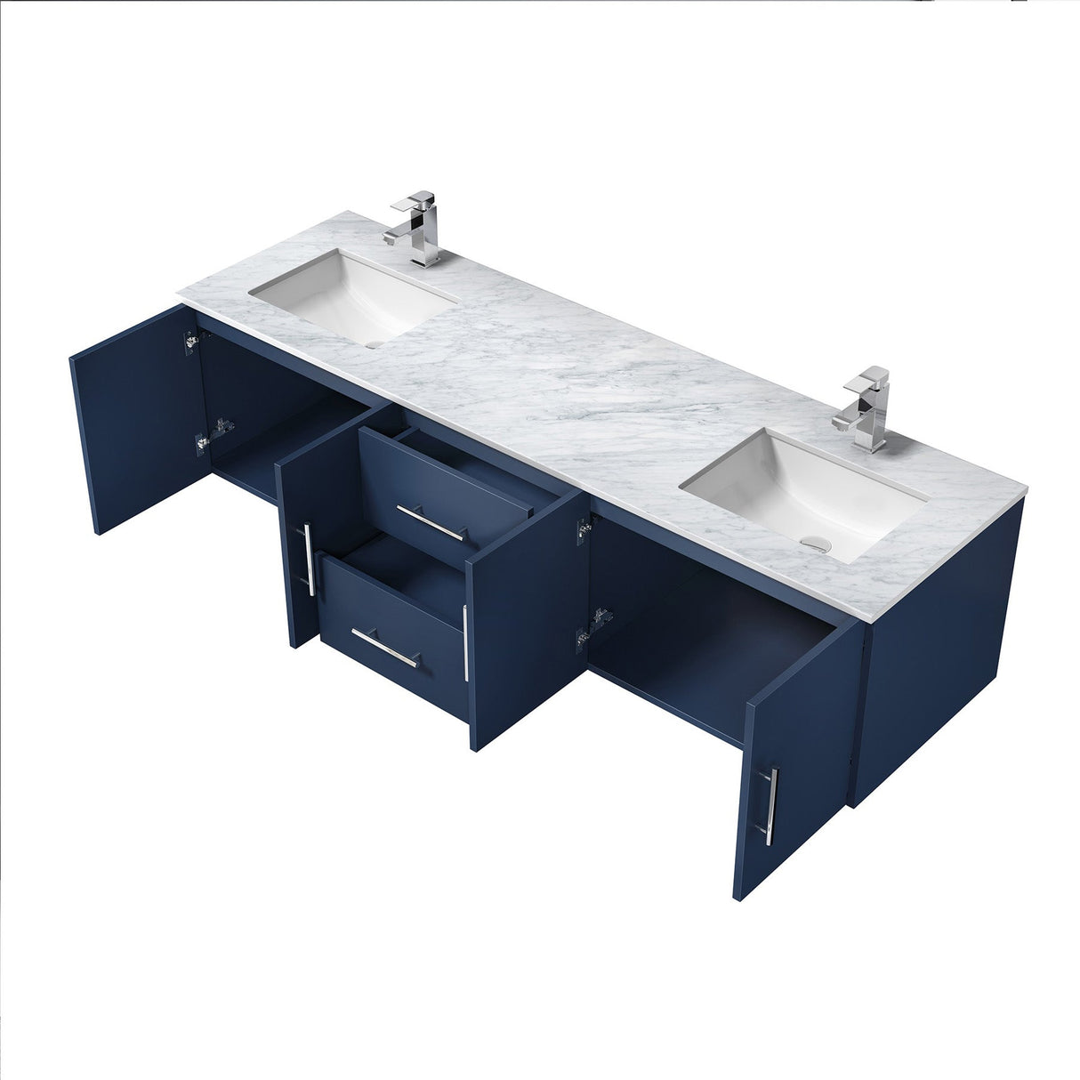 Geneva Navy Blue Floating Bathroom Vanity With White Carrara Marble Top, White Square Sink