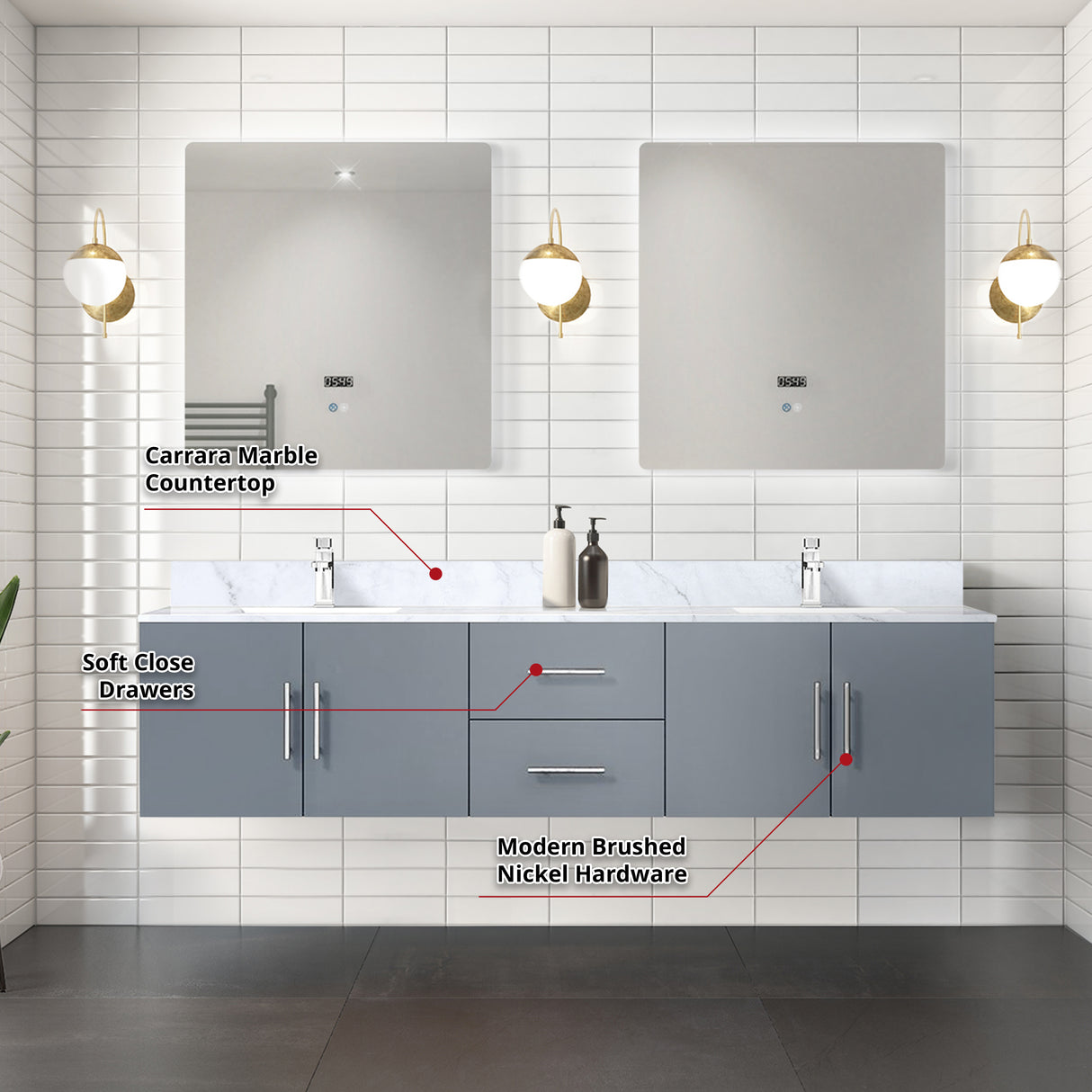Geneva 80 in. Bathroom Floating Bathroom Vanity With Undermount Ceramic Sink With White Carrara Marble Top