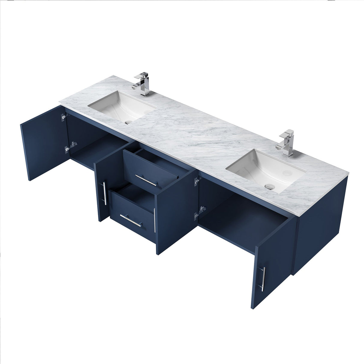 Geneva Navy Blue Floating Bathroom Vanity With White Carrara Marble Top, White Square Sink