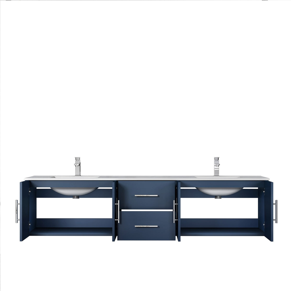 Geneva Navy Blue Floating Bathroom Vanity With White Carrara Marble Top, White Square Sink