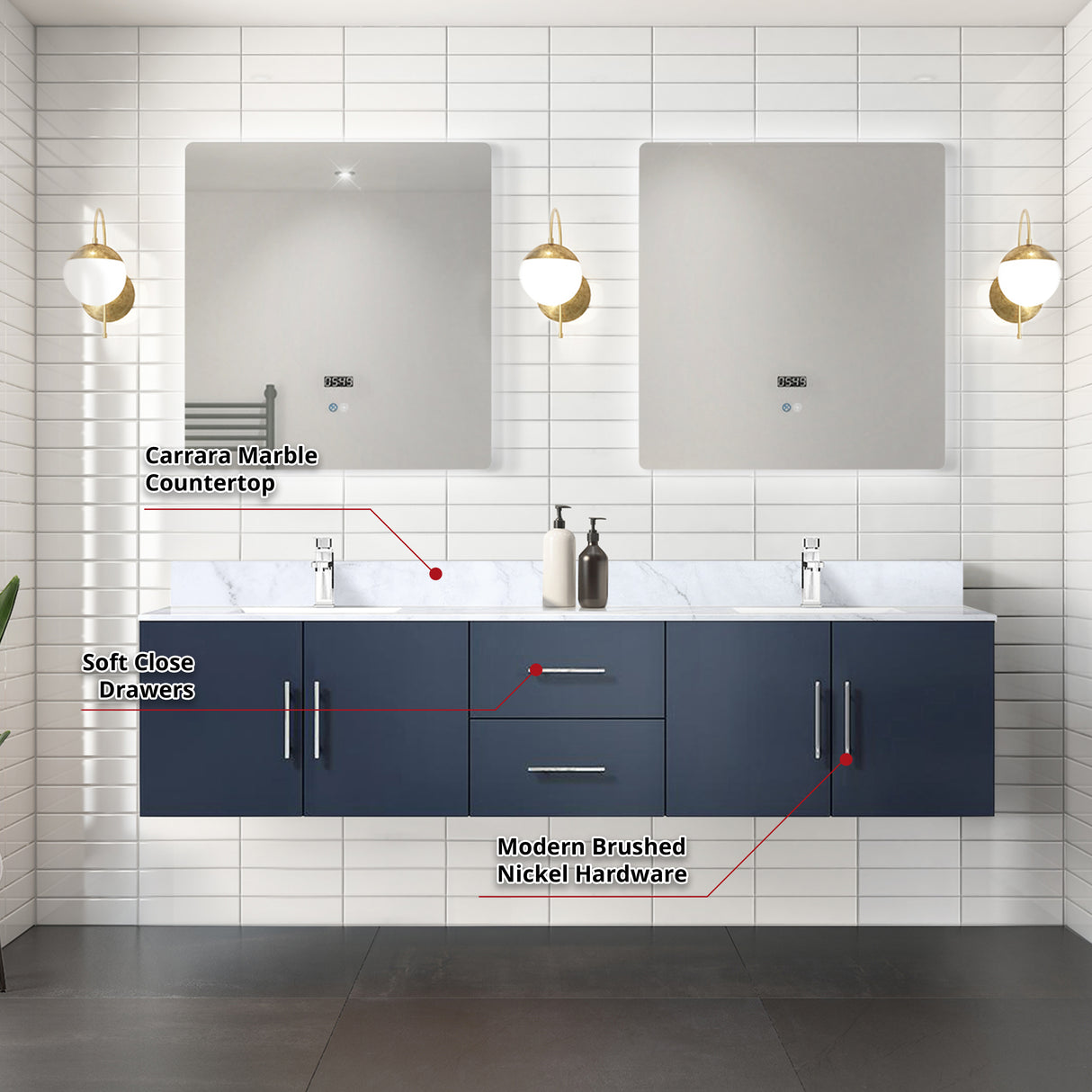 Geneva 80 in. Bathroom Floating Bathroom Vanity With Undermount Ceramic Sink With White Carrara Marble Top