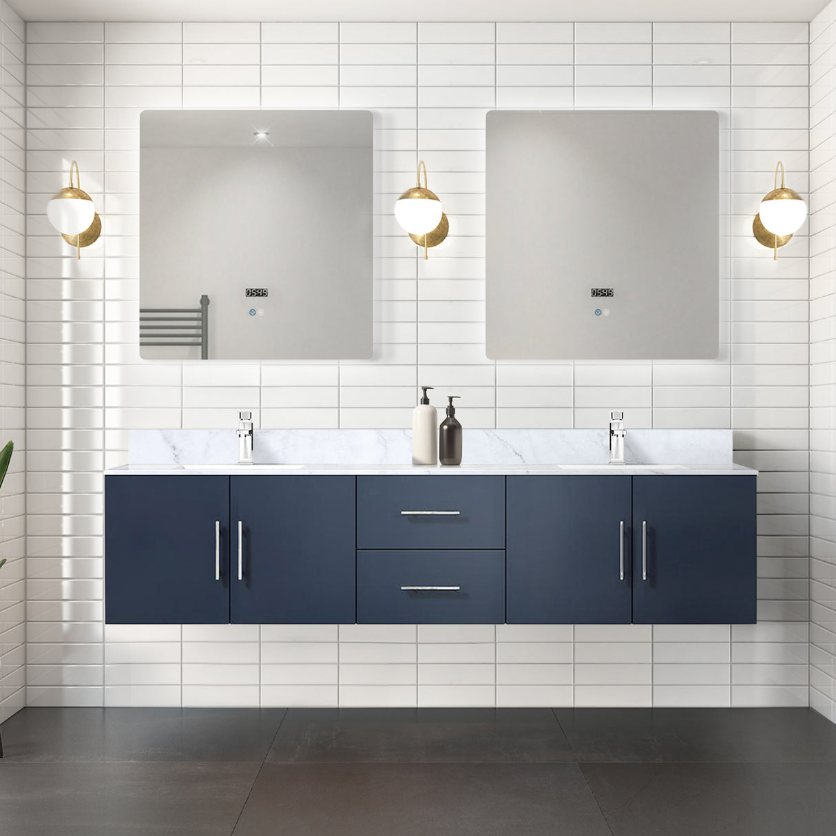 Geneva 80 in. Bathroom Floating Bathroom Vanity With Undermount Ceramic Sink With White Carrara Marble Top