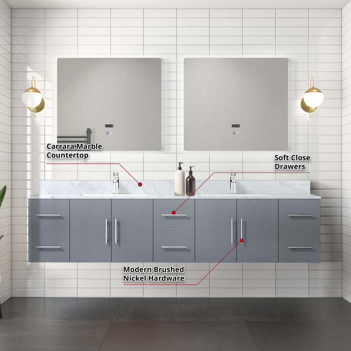 Geneva 84 in. Bathroom Floating Bathroom Vanity With Undermount Ceramic Sink With White Carrara Marble Top