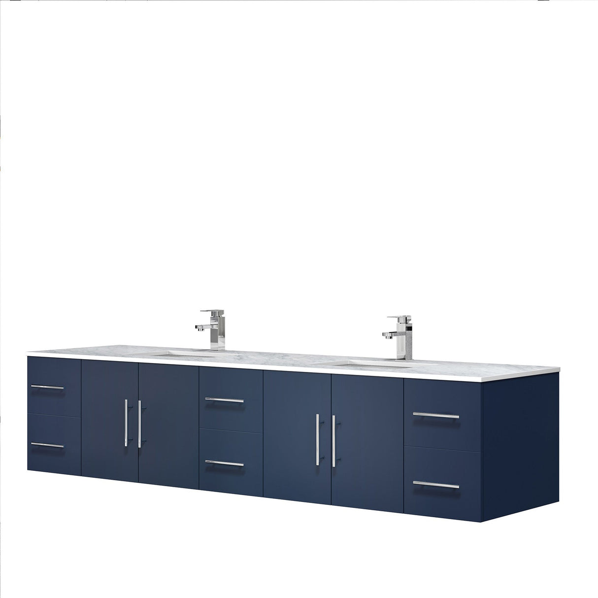 Geneva Navy Blue Floating Bathroom Vanity With White Carrara Marble Top, White Square Sink