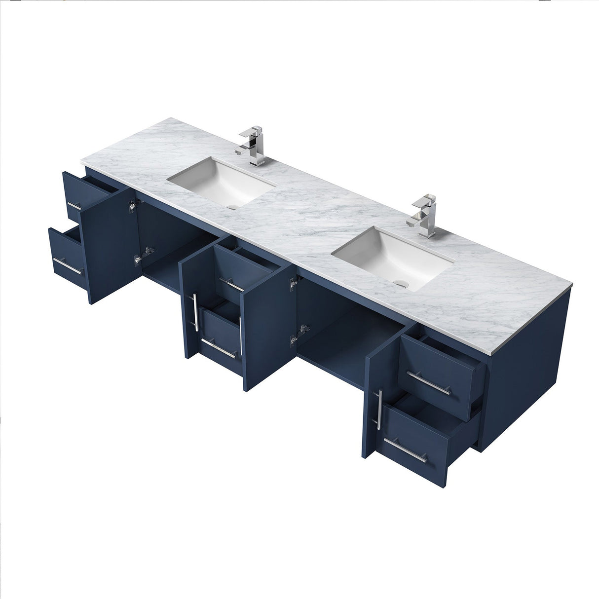 Geneva Navy Blue Floating Bathroom Vanity With White Carrara Marble Top, White Square Sink