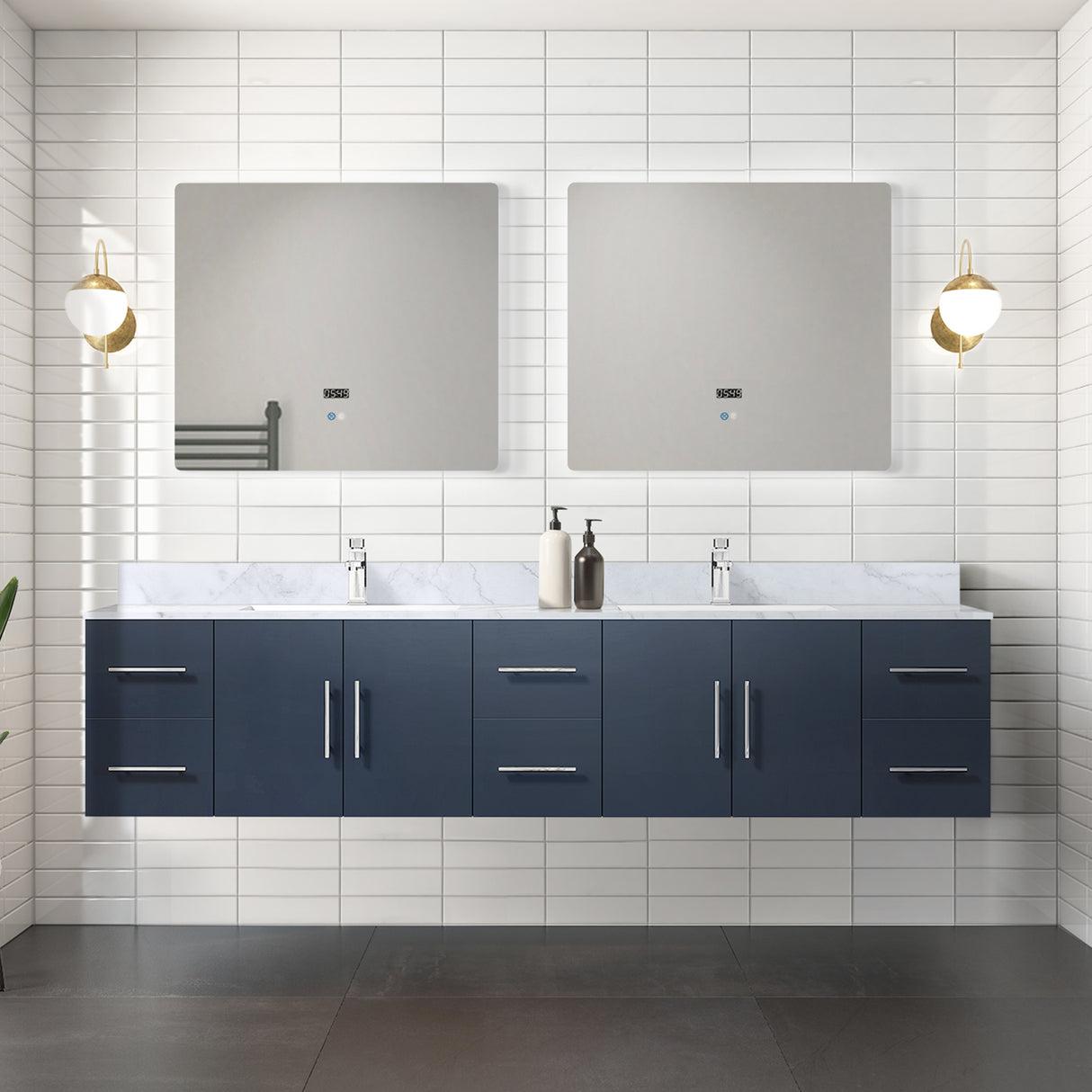 Geneva 84 in. Bathroom Floating Bathroom Vanity With Undermount Ceramic Sink With White Carrara Marble Top