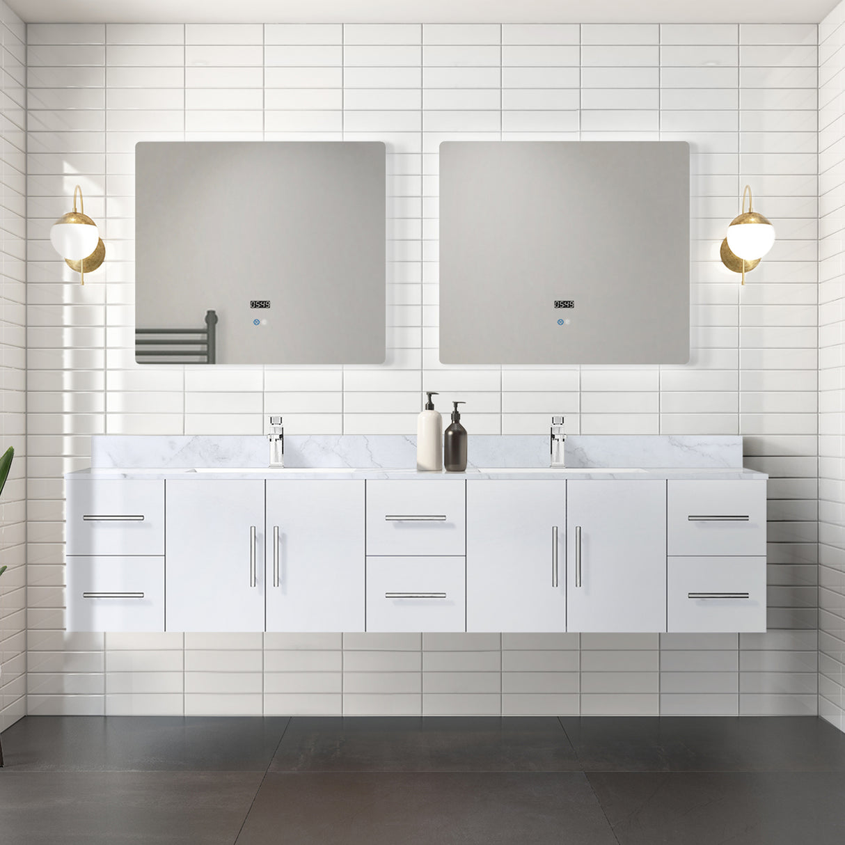 Geneva 84 in. Bathroom Floating Bathroom Vanity With Undermount Ceramic Sink With White Carrara Marble Top