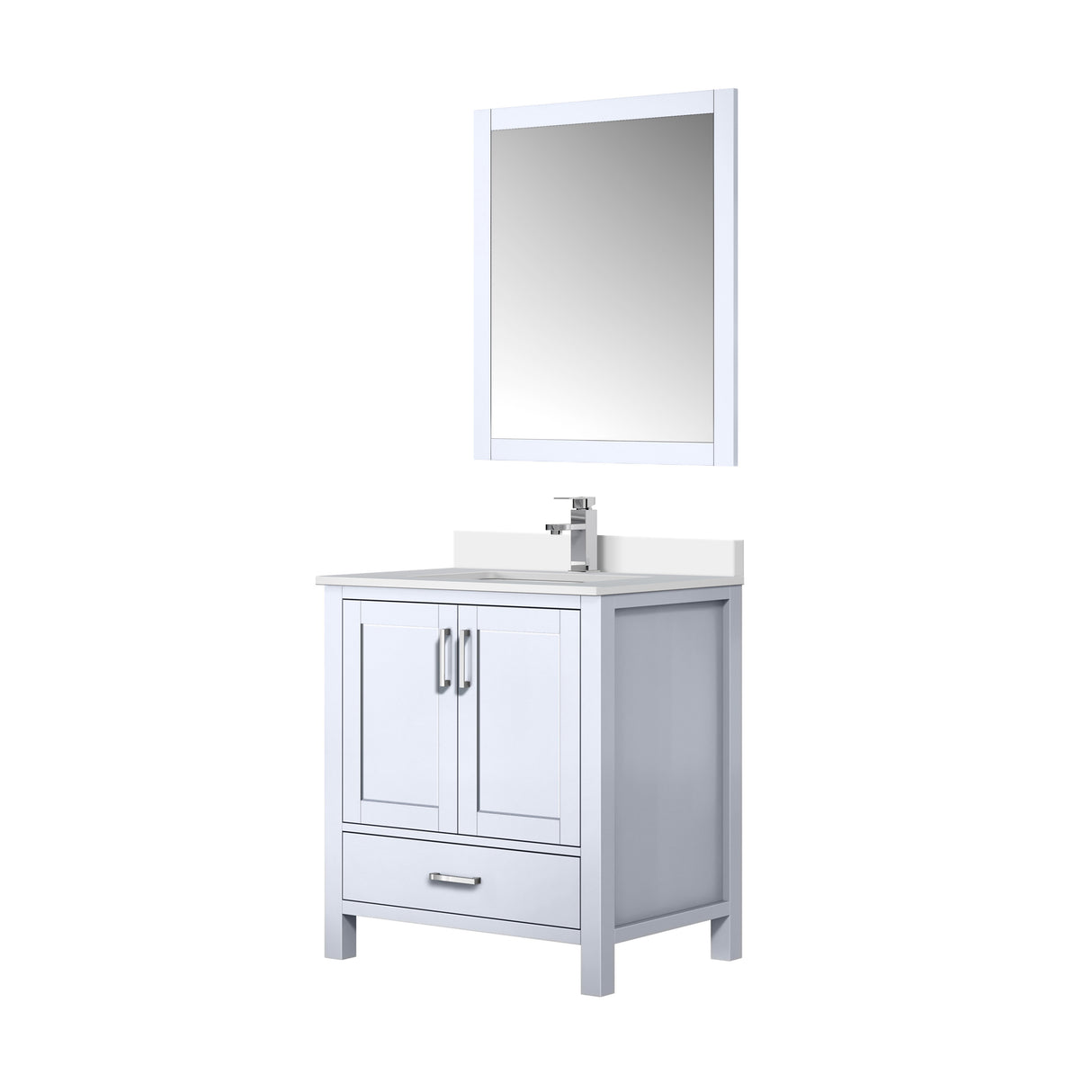Jacques 30" White Single Vanity, White Quartz Top, White Square Sink and 28" Mirror w/ Faucet