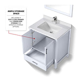 Jacques 30" White Single Vanity, White Quartz Top, White Square Sink and 28" Mirror w/ Faucet
