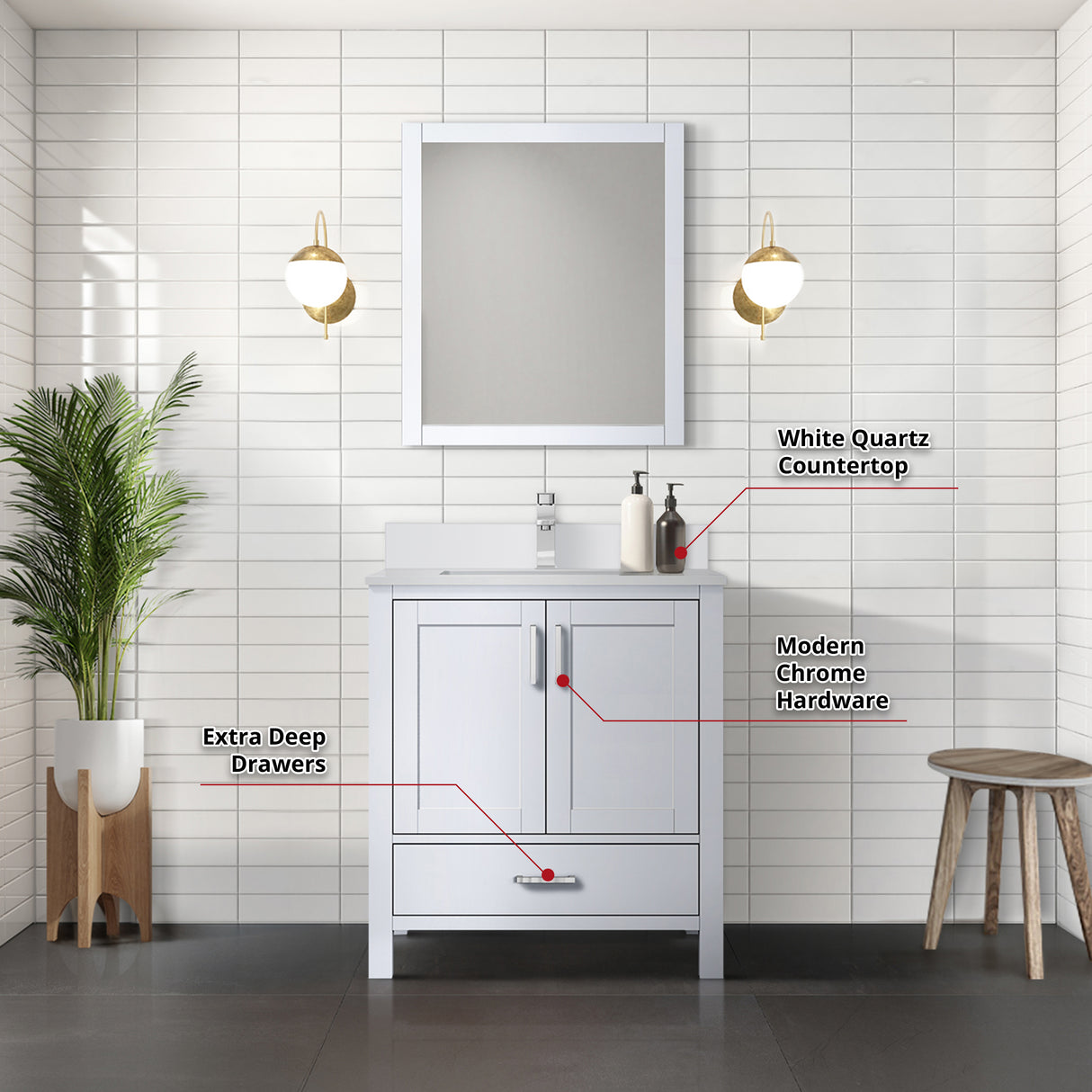 Jacques 30" White Single Vanity, White Quartz Top, White Square Sink and 28" Mirror w/ Faucet