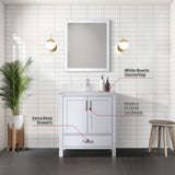 Jacques 30" White Single Vanity, White Quartz Top, White Square Sink and 28" Mirror w/ Faucet