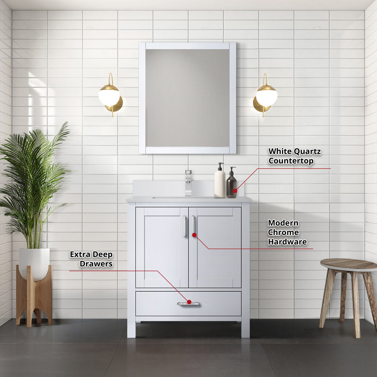 Jacques White Freestanding Bathroom Vanity with White Quartz Top, White Square Sink