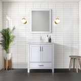 Jacques 30" White Single Vanity, White Quartz Top, White Square Sink and 28" Mirror w/ Faucet