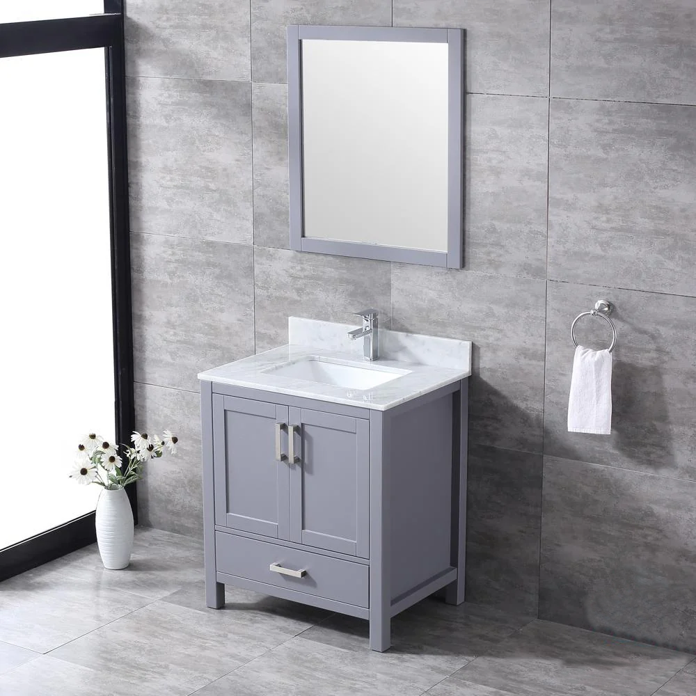 Jacques 30 In. Freestanding Dark Grey Bathroom Vanity With Undermount Ceramic Sink, White Carrara Marble Top & 28 In. Mirror