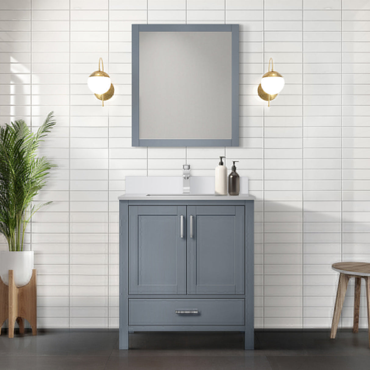 Jacques Dark Grey Freestanding Bathroom Vanity with White Quartz Top, White Square Sink