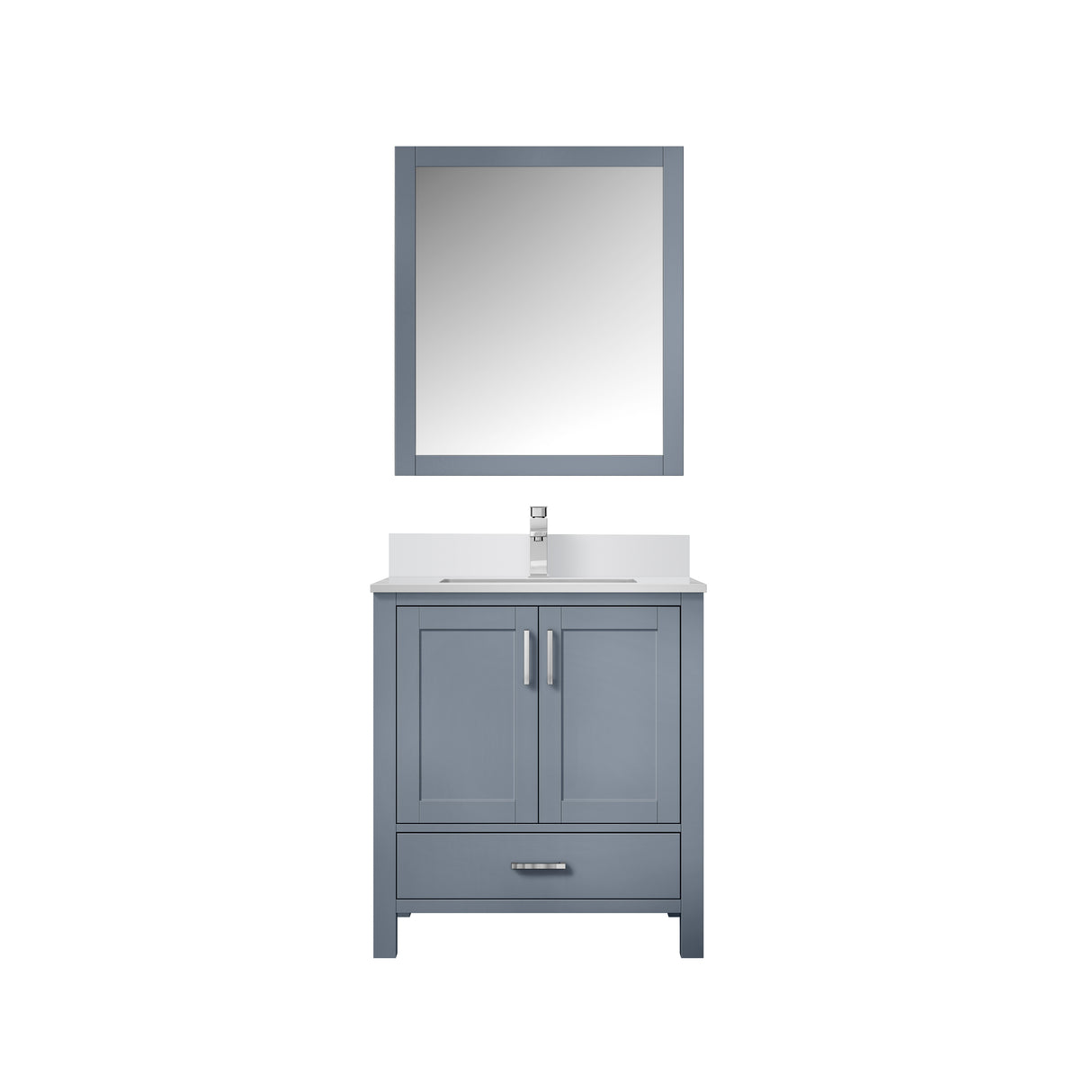 Jacques 30" Dark Grey Single Vanity, White Quartz Top, White Square Sink and 28" Mirror w/ Faucet