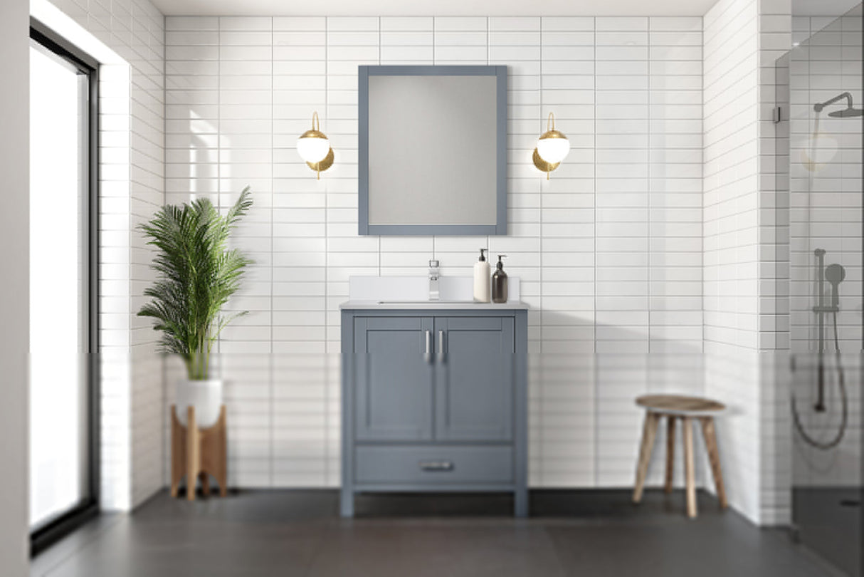 Jacques Dark Grey Freestanding Bathroom Vanity with White Quartz Top, White Square Sink