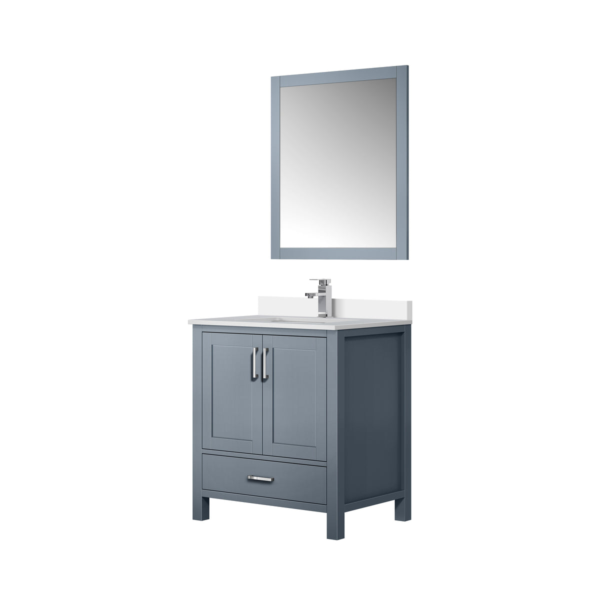 Jacques 30" Dark Grey Single Vanity, White Quartz Top, White Square Sink and 28" Mirror w/ Faucet