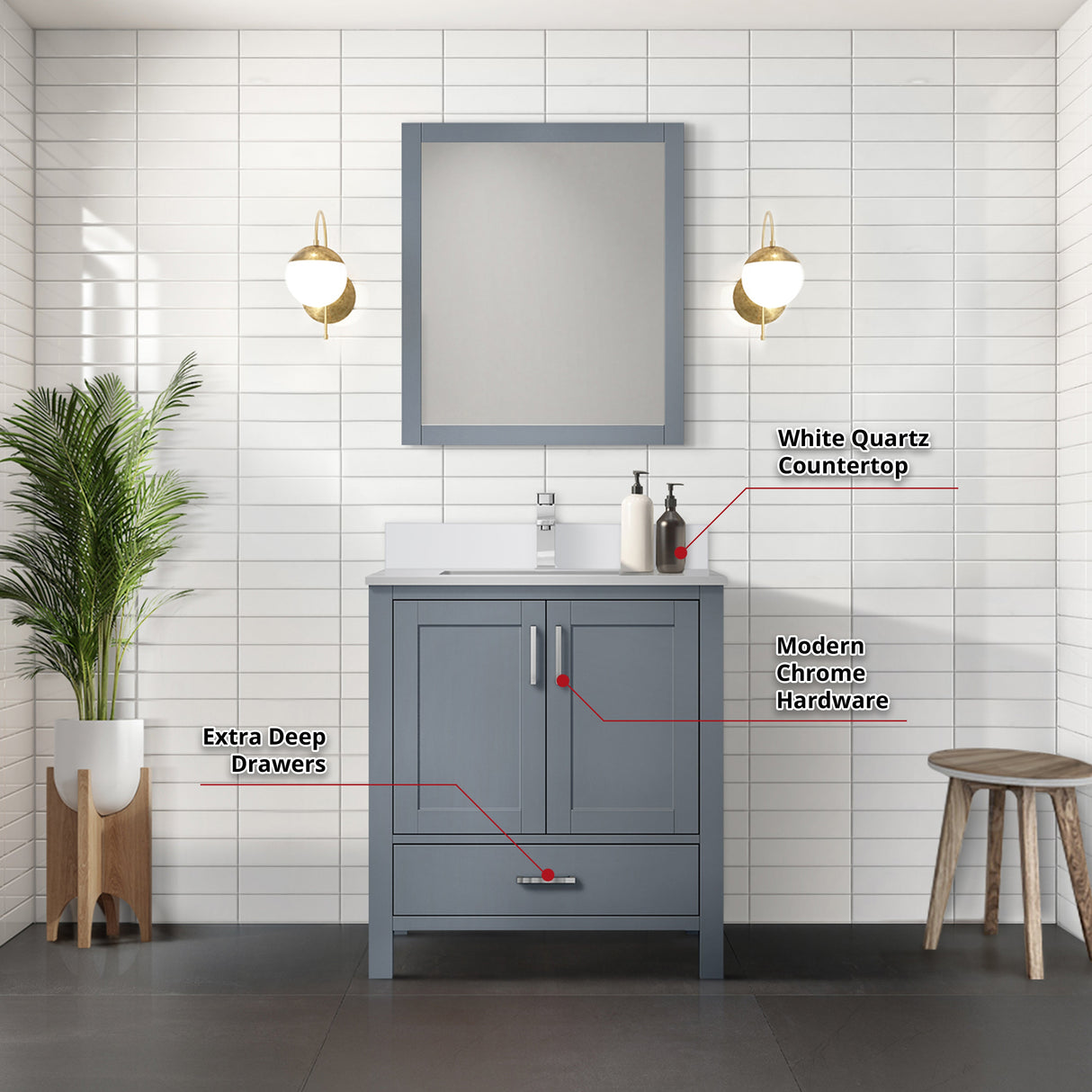 Jacques Dark Grey Freestanding Bathroom Vanity with White Quartz Top, White Square Sink