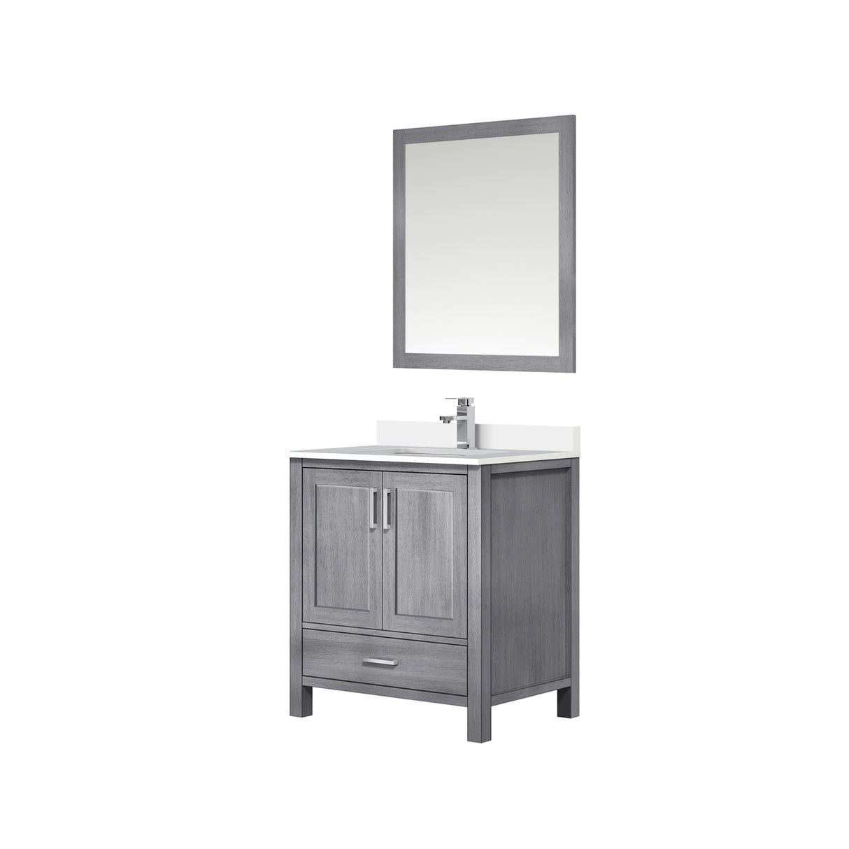 Jacques 30" Distressed Grey Single Vanity, White Quartz Top, White Square Sink and 28" Mirror w/ Faucet