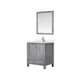 Jacques 30" Distressed Grey Single Vanity, White Quartz Top, White Square Sink and 28" Mirror w/ Faucet