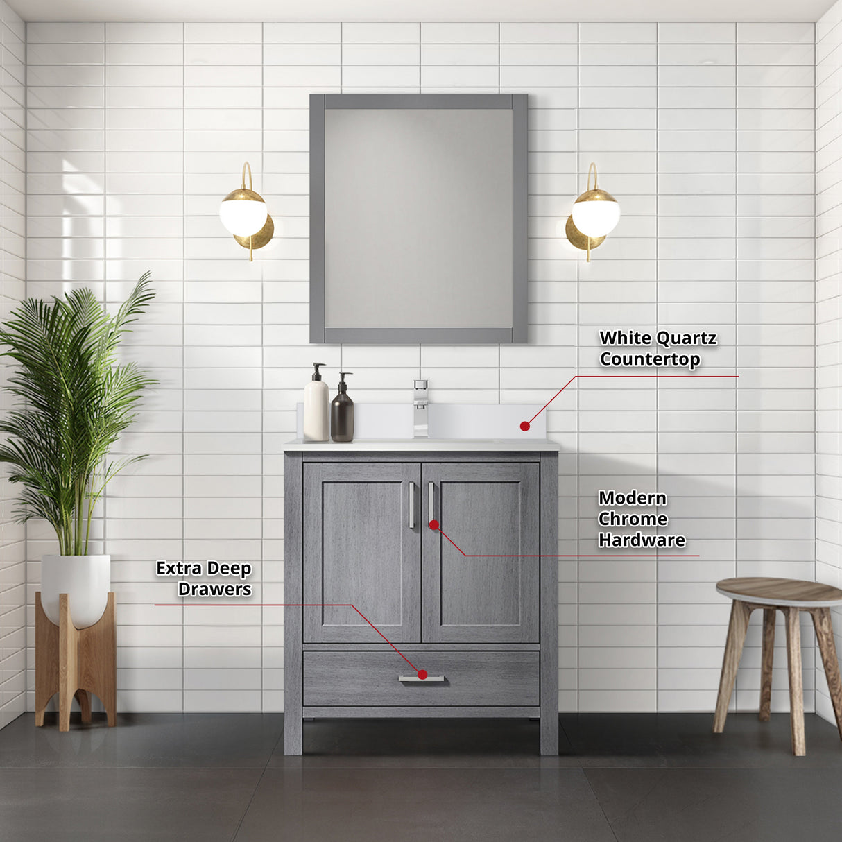 Jacques Distressed Grey Freestanding Bathroom Vanity with White Quartz Top, White Square Sink