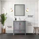 Jacques 30" Distressed Grey Single Vanity, White Quartz Top, White Square Sink and 28" Mirror w/ Faucet