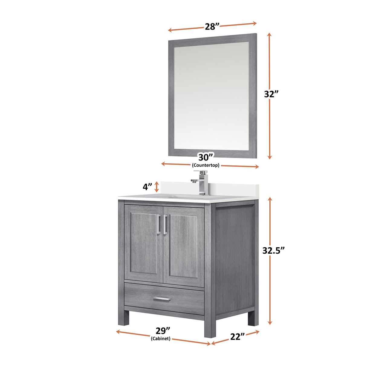 Jacques 30" Distressed Grey Single Vanity, White Quartz Top, White Square Sink and 28" Mirror w/ Faucet