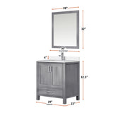 Jacques 30" Distressed Grey Single Vanity, White Quartz Top, White Square Sink and 28" Mirror w/ Faucet