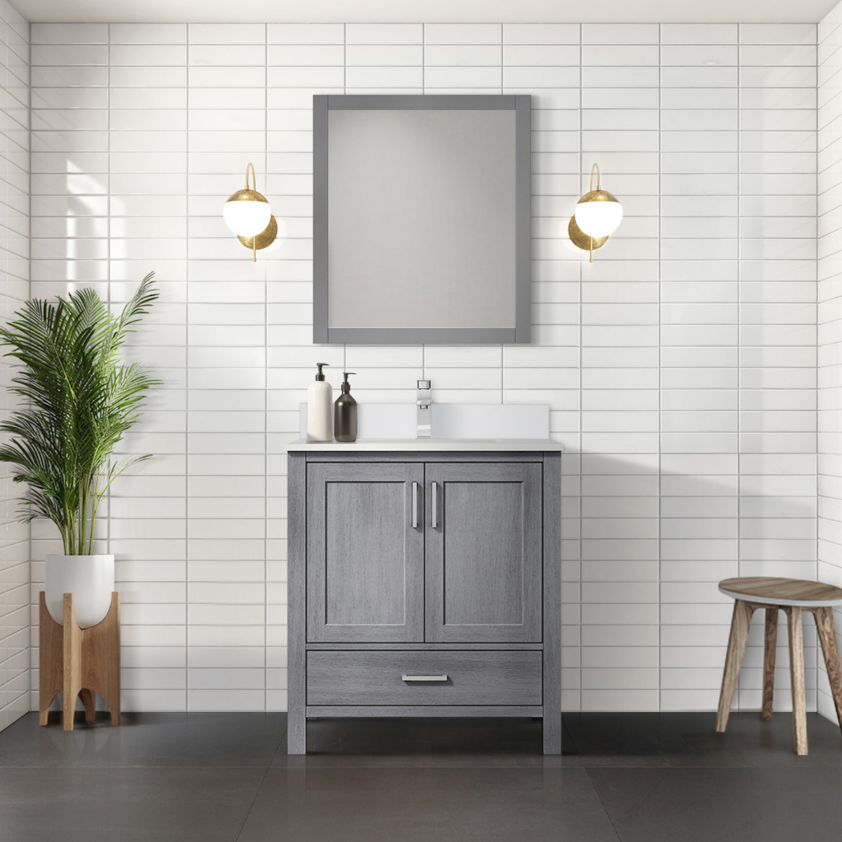 Jacques 30" Distressed Grey Single Vanity, White Quartz Top, White Square Sink and 28" Mirror w/ Faucet