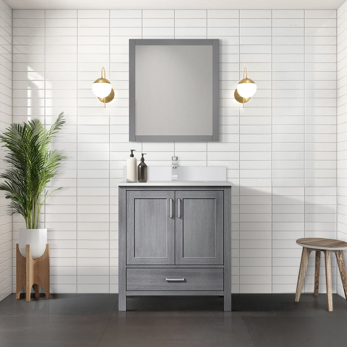 Jacques Distressed Grey Freestanding Bathroom Vanity with White Quartz Top, White Square Sink