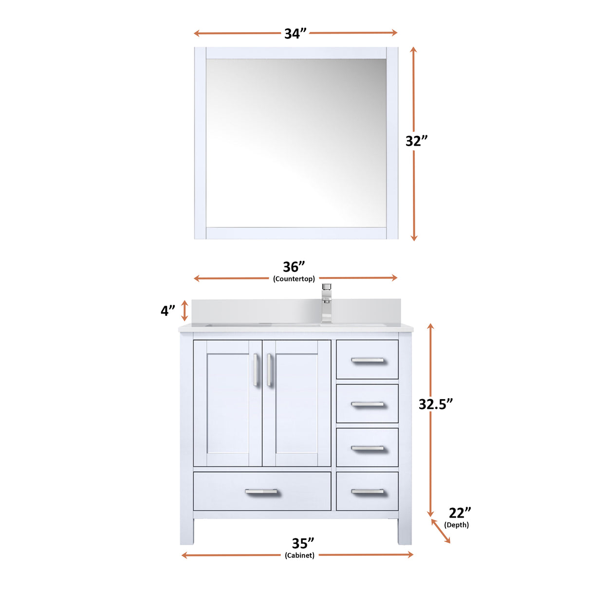 Jacques 36" White Single Vanity, White Quartz Top, White Square Sink and 34" Mirror w/ Faucet - Right Version