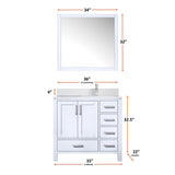 Jacques 36" White Single Vanity, White Quartz Top, White Square Sink and 34" Mirror w/ Faucet - Right Version