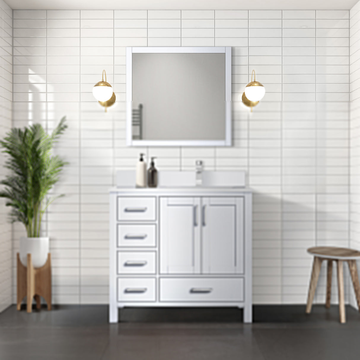 Jacques 36" White Single Vanity, White Quartz Top, White Square Sink and 34" Mirror - Right Version