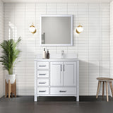 Jacques 36" White Single Vanity, White Quartz Top, White Square Sink and 34" Mirror - Right Version