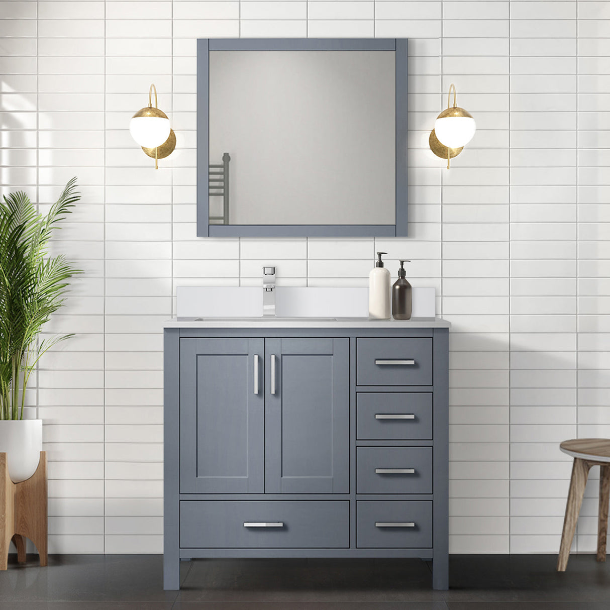 Jacques Dark Grey Freestanding Bathroom Vanity with White Quartz Top, White Square Sink