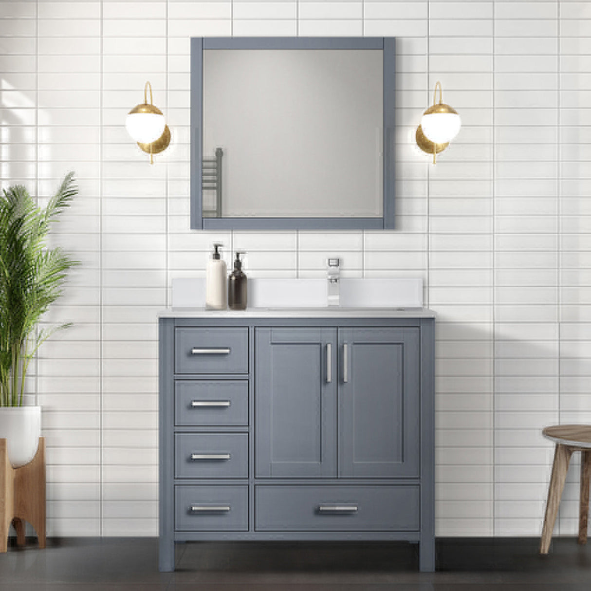 Jacques Dark Grey Freestanding Bathroom Vanity with White Quartz Top, White Square Sink