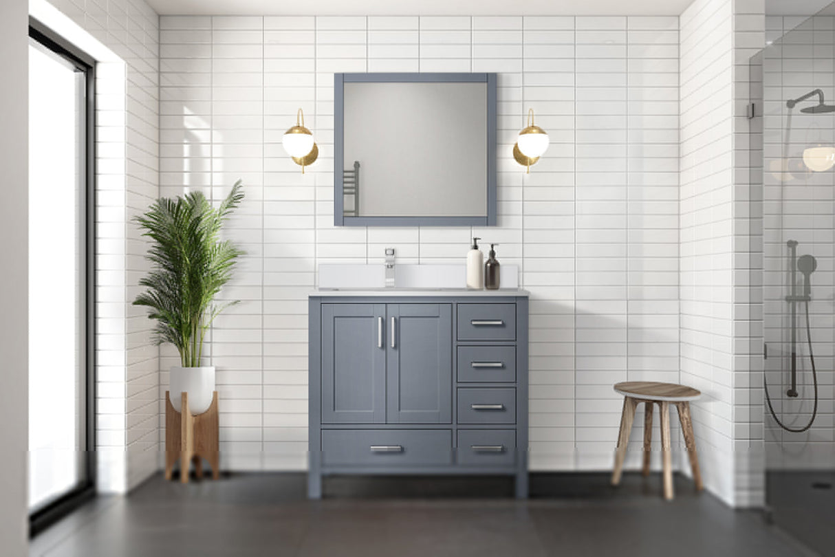 Jacques Dark Grey Freestanding Bathroom Vanity with White Quartz Top, White Square Sink
