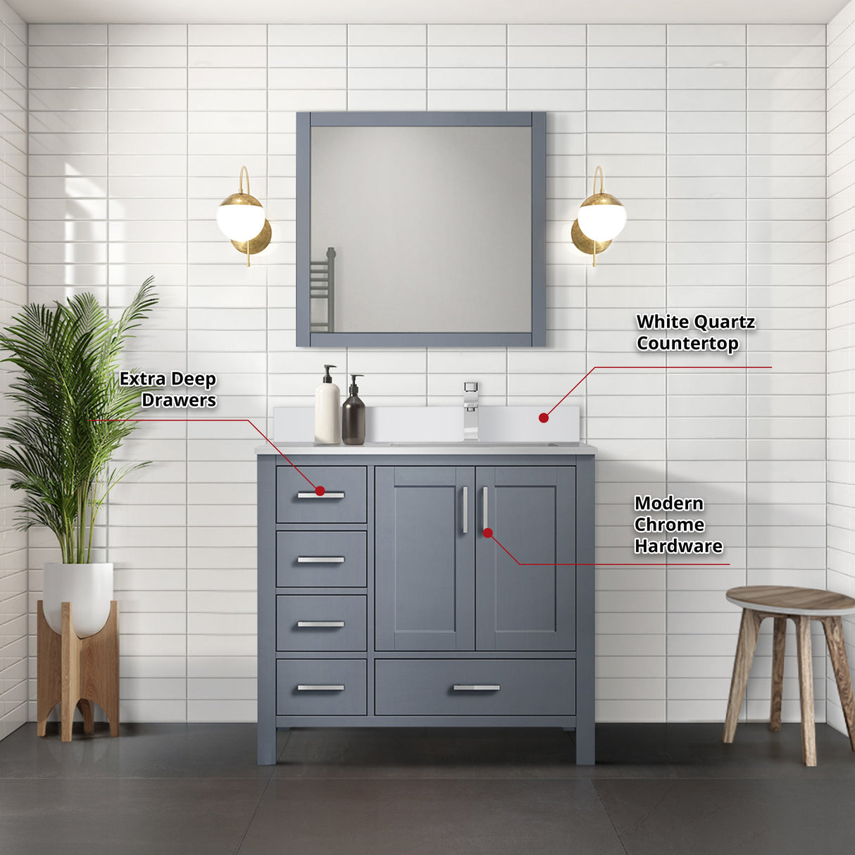 Jacques Dark Grey Freestanding Bathroom Vanity with White Quartz Top, White Square Sink