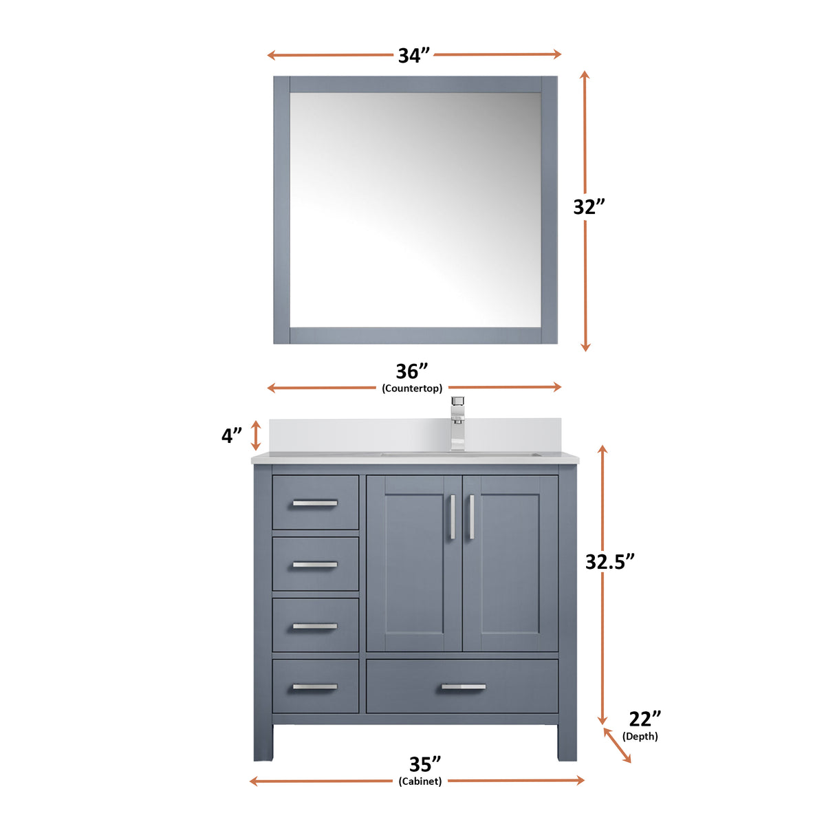 Jacques 36" Dark Grey Single Vanity, White Quartz Top, White Square Sink and 34" Mirror - Right Version