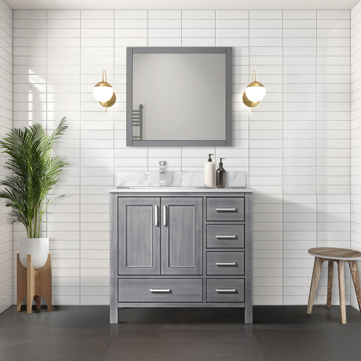 Jacques Navy 30 in. Left Freestanding Bathroom Vanity with White Carrara Marble Top, White Square Sink