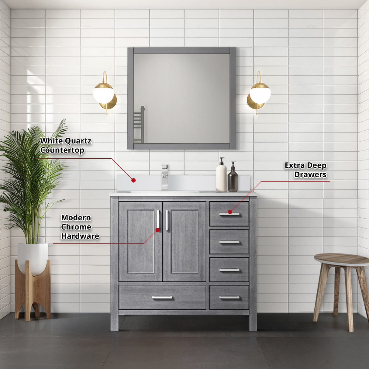 Jacques Distressed Grey Freestanding Bathroom Vanity with White Quartz Top, White Square Sink
