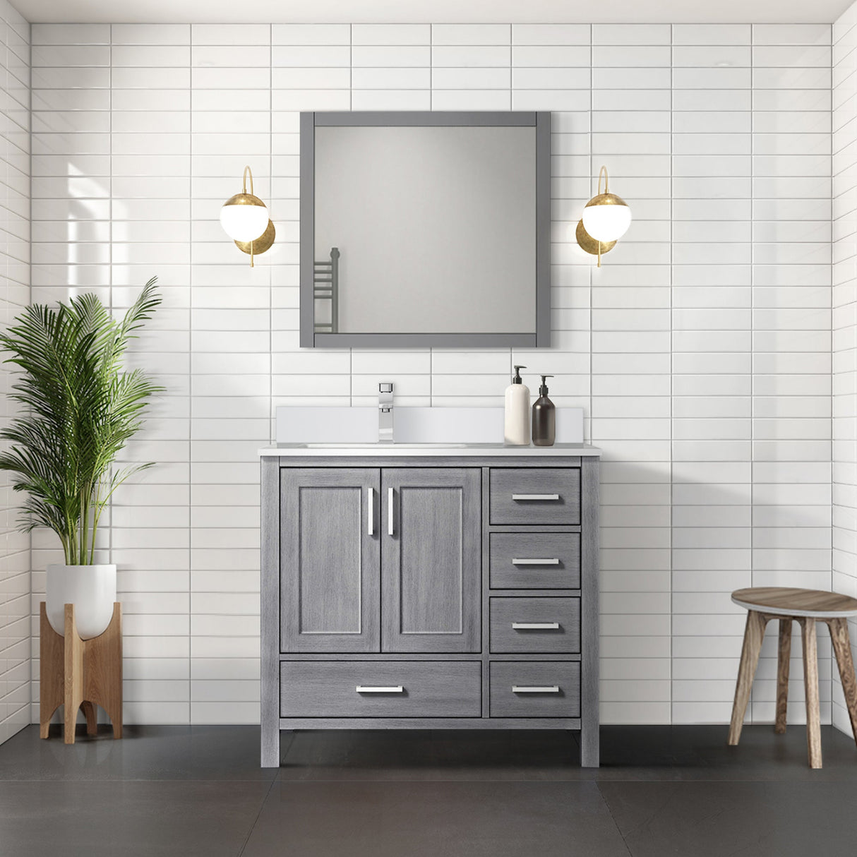 Jacques Distressed Grey Freestanding Bathroom Vanity with White Quartz Top, White Square Sink
