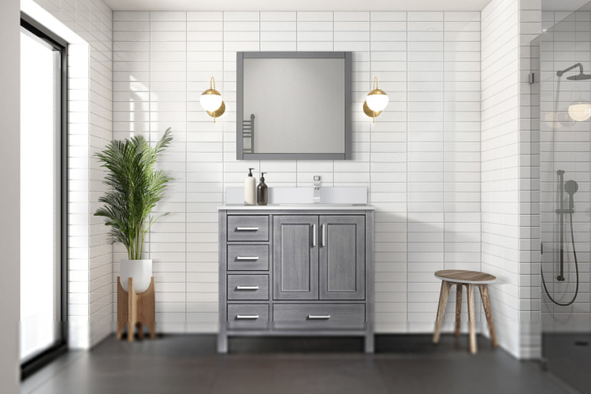 Jacques Distressed Grey Freestanding Bathroom Vanity with White Quartz Top, White Square Sink
