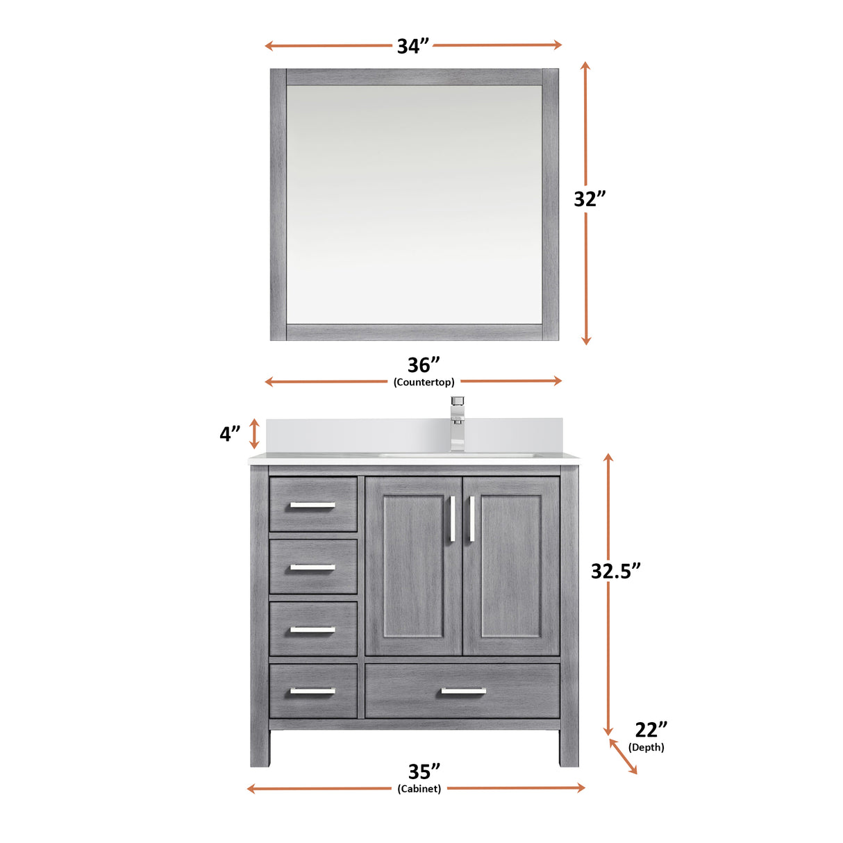 Jacques 36" Distressed Grey Single Vanity, White Quartz Top, White Square Sink and 34" Mirror w/ Faucet - Right Version