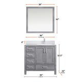 Jacques 36" Distressed Grey Single Vanity, White Quartz Top, White Square Sink and 34" Mirror w/ Faucet - Right Version